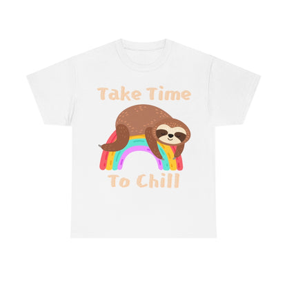 Take Time to Chill - Sloth on Rainbow - Unisex Heavy Cotton Tee