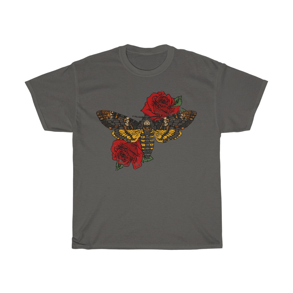 Distressed - Moth and Roses tattoo motif - Unisex Heavy Cotton Tee