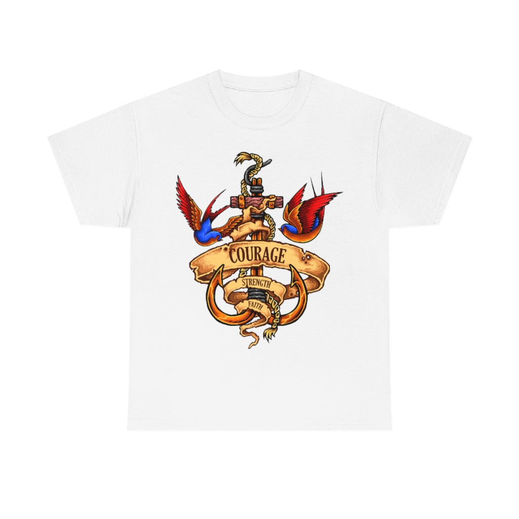 Cartoon Art - Swallows & Anchor - Courage Strength Faith - Unisex Heavy Cotton Tee