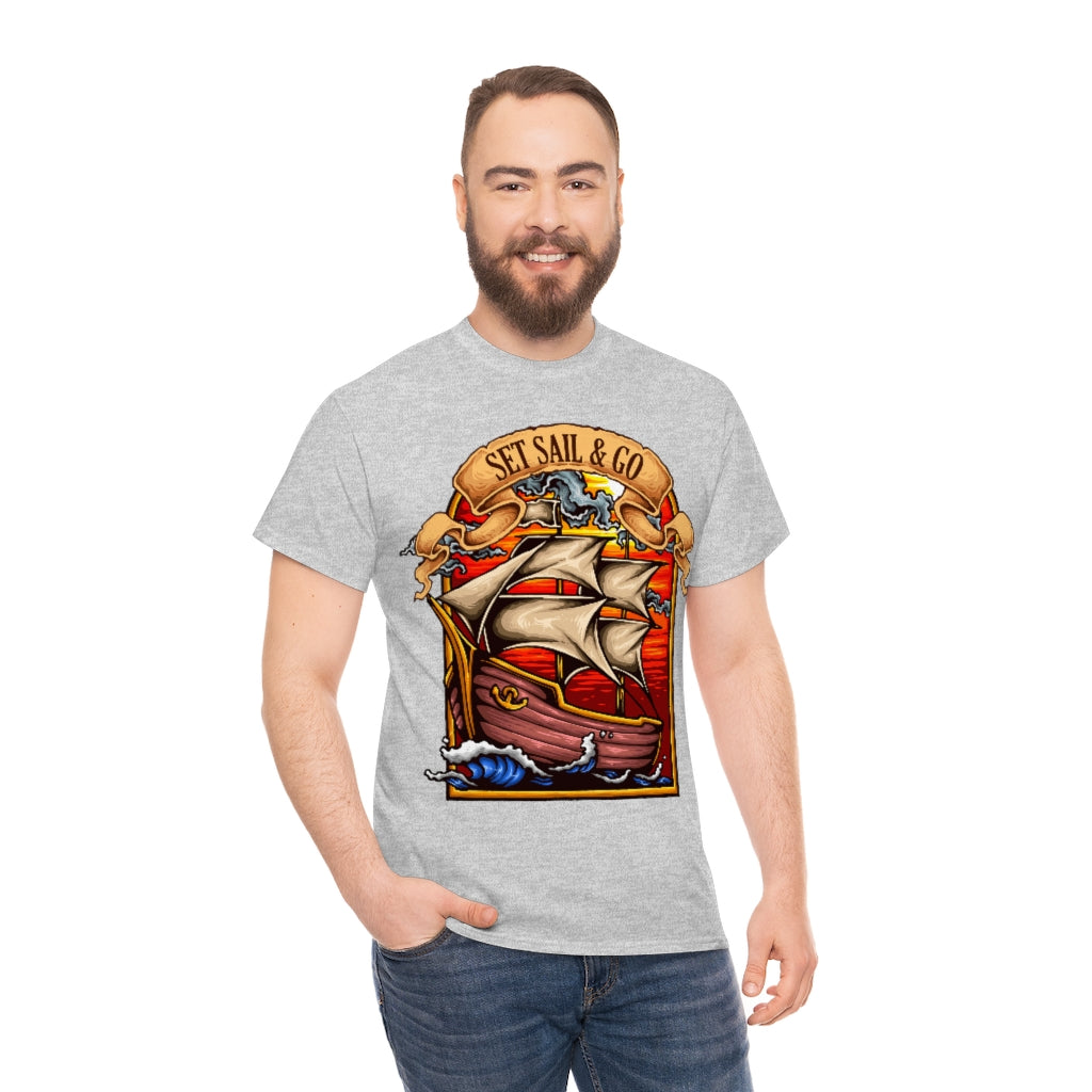 Cartoon Art - Sailing Ship - Set Sail and Go - Unisex Heavy Cotton Tee