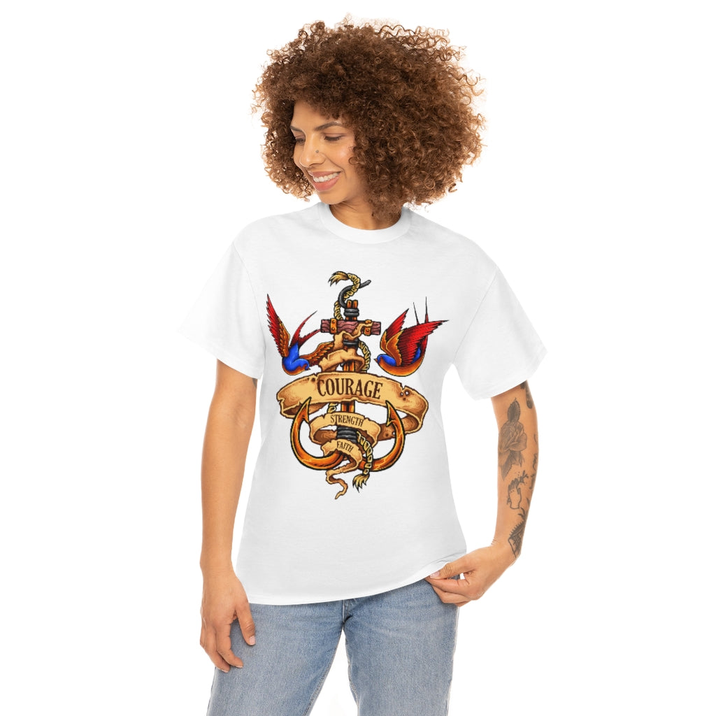 Cartoon Art - Swallows & Anchor - Courage Strength Faith - Unisex Heavy Cotton Tee