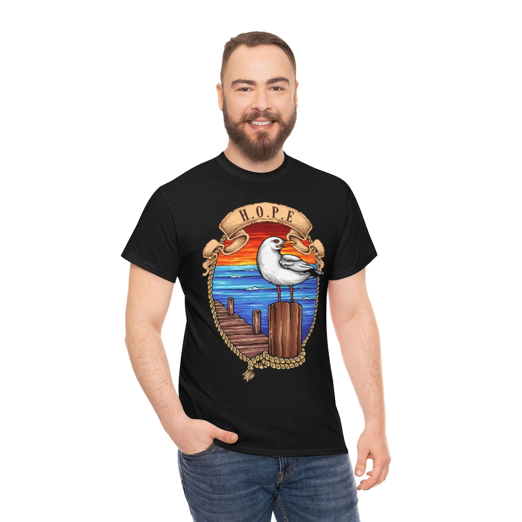 Cartoon Art - Seagull on the Wharf - H.O.P.E - Unisex Heavy Cotton Tee