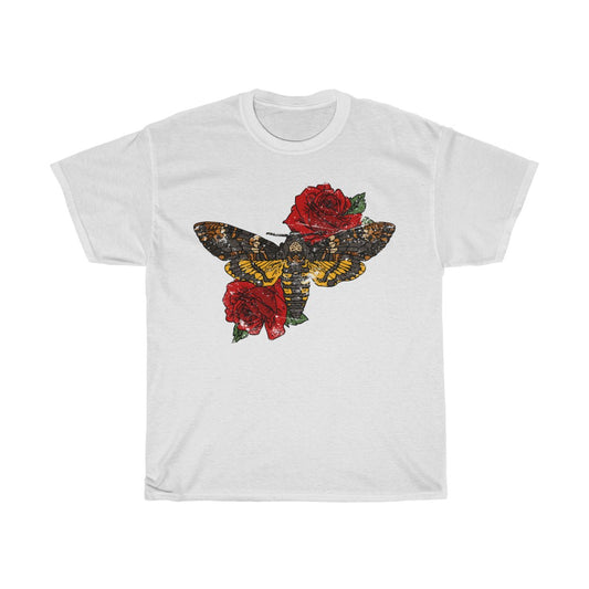 Distressed - Moth and Roses tattoo motif - Unisex Heavy Cotton Tee