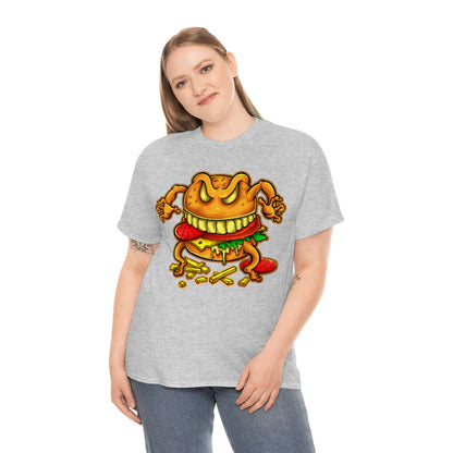 Cartoon Art - Evil Deluxe Cheese Burger - Unisex Heavy Cotton Tee