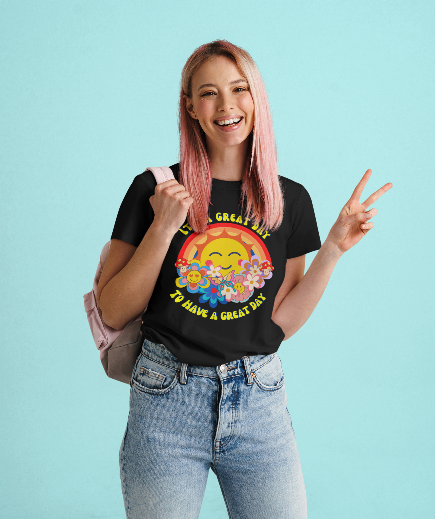 It's a Great Day to Have a Great Day- Flowers - Sun - Rainbow - Unisex Heavy Cotton Tee