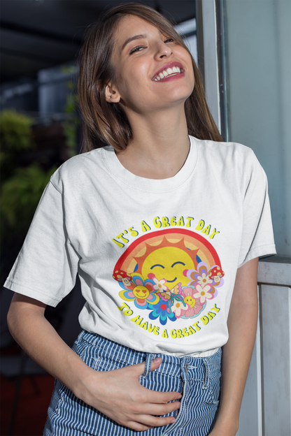 It's a Great Day to Have a Great Day- Flowers - Sun - Rainbow - Unisex Heavy Cotton Tee